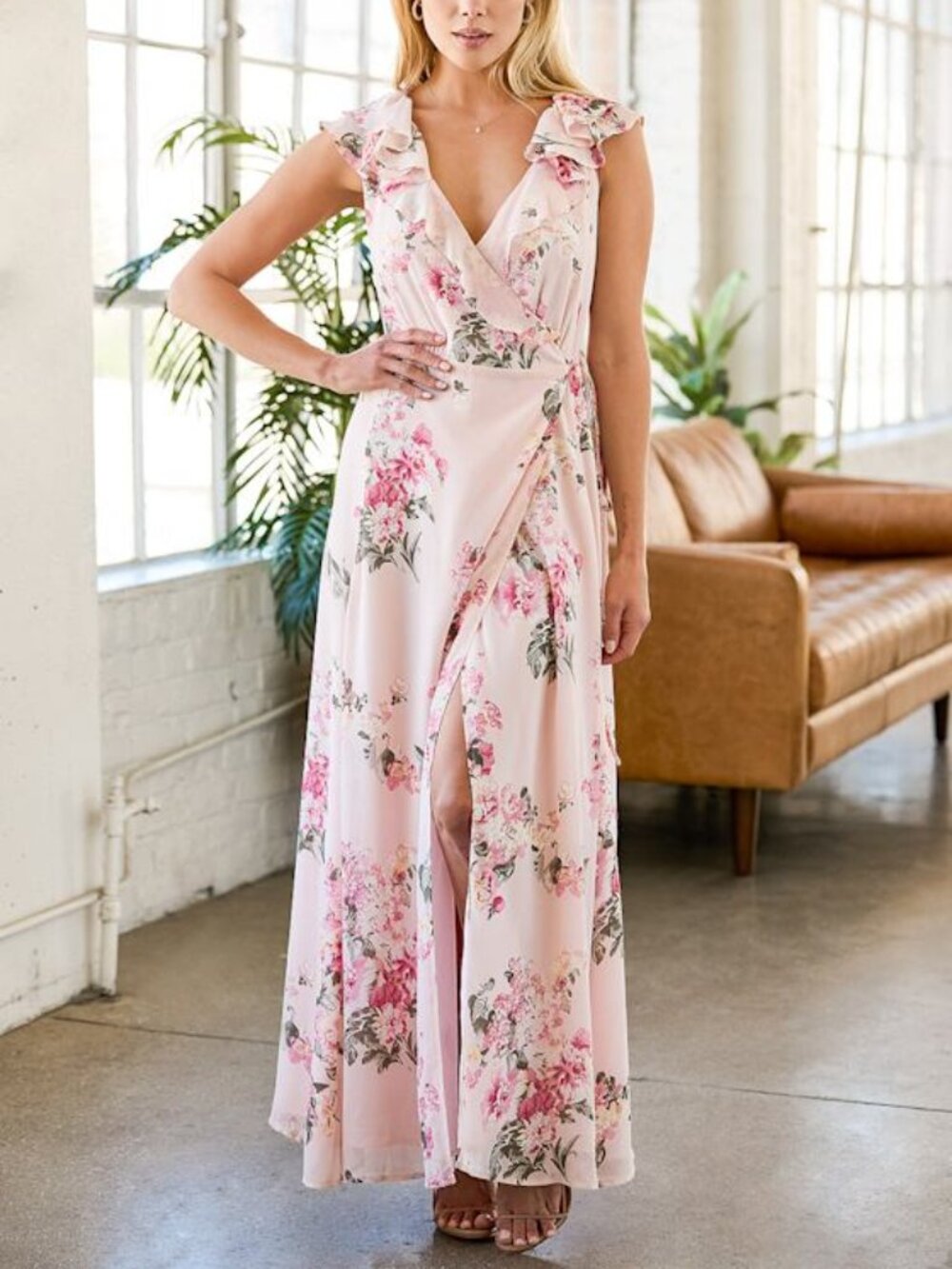Lulus Blooms For You Blush Pink Floral Print Lace-up Wrap Maxi Dress - Size XL